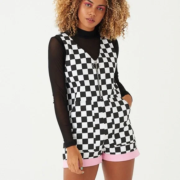 New Lazy Oaf Black & White Checkered Romper - Picture 1 of 7